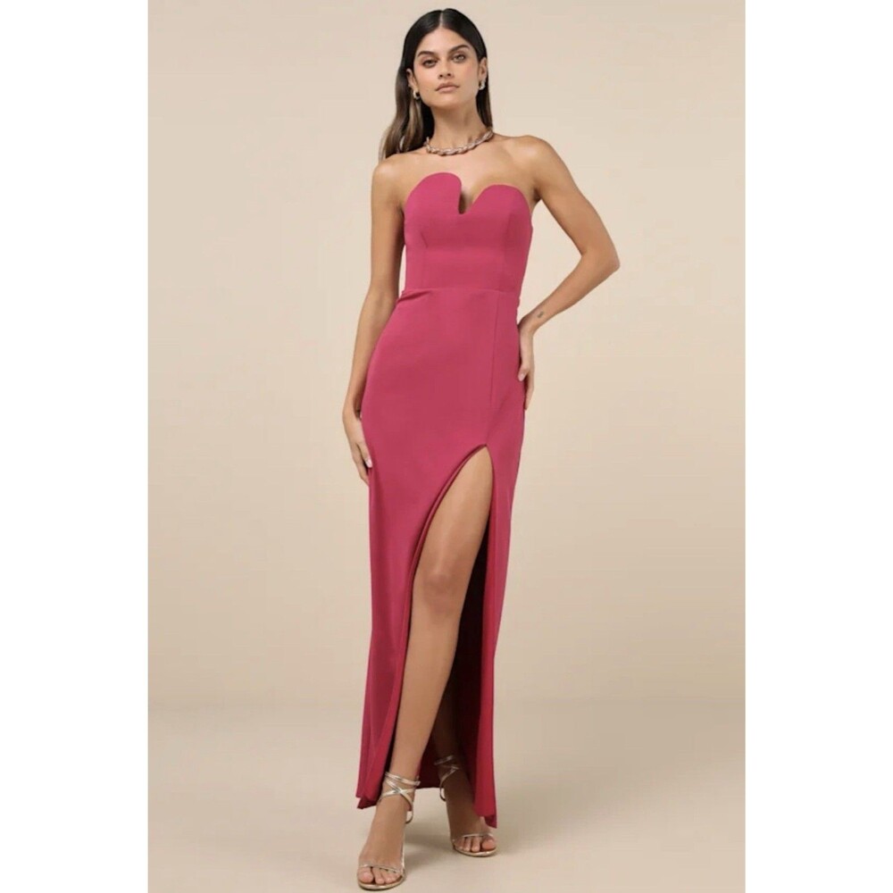Lulus Iconic Excellence Magenta Asymmetrical Strapless Maxi Dress Size Medium